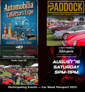 Participating events in the Car Week Passport program include Automobilia Collectors Expo, The Paddock, Concorso Italiano, and Monterey Motorsports Festival.