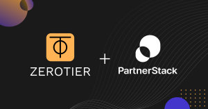 ZeroTier logo and PartnerStack logo with an X in the center symbolizing a partnership.