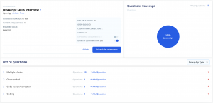 Codeaid Expert Mode interface displaying a JavaScript skills interview with 17 questions across multiple types, including a breakdown by category and a pie chart showing 100% JavaScript coverage.