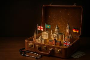 Miniature famous university buildings in a suitcase with flags of Georgia, Kazakhstan, Germany, and UK representing MBBS abroad