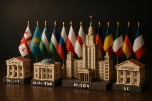 Miniature models of universities from Georgia, Kazakhstan, Russia, and the EU with national flags in background