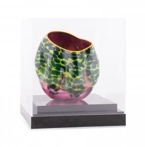 Glass sculpture by Dale Chihuly (American, b. 1941), titled Sunset Macchia (2008), 8 inches tall and housed in an 11 ¾-inch-tall Plexiglas case, signed (etched) to the side and inscribed ($9,075).
