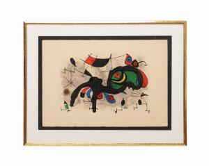 Color lithograph on Arches paper by Joan Miro (Spanish, 1893-1983), titled Le Belier Fleuri (The Flowery Ram) from 1971, 21 ¼ inches by 30 ¼ inches, signed and numbered (3/75) ($6,655).