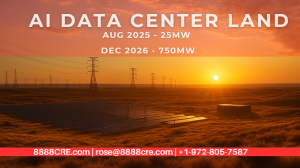 A 5,000-acre Panhandle campus listed by Roxanne Marquis of 8888CRE offers three independent power lanes: a 250 MW behind-the-meter ramp by mid-2026, a 250 MW wind offtake the same year, and a high-pressure gas line that can fuel an extra 500 MW of onsite generation inside 12 months Bird’s-eye view of 5,000-acre Texas hyperscale AI factory or data center site with 250 MW ramp up to 1 GW behind-the-meter infrastructure.