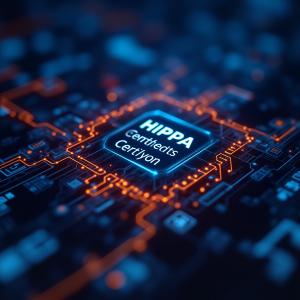 Futuristic Blue and Orange Glowing words - Hippa Compliance