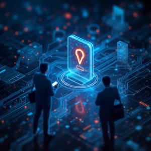 Futuristic Blue and Orange Glowing Maps Logo