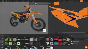 This screen capture shows the platform’s unique 3D graphic design interface, where a user customizes a KTM 450 SX-F with precision, using a vast library of elements and real-time 3D visualization.
