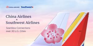 An ad showing the tail fins of two airplanes: one with the China Airlines' pink plum blossom livery, and the other with Southwest Airlines' red, yellow, and white livery. Text on the image reads: 'China Airlines x Southwest Airlines. Seamless Connections