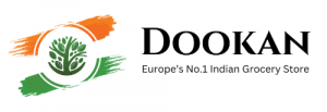 White background with stylized orange and green brush strokes framing a circular tree icon, alongside bold black “DOOKAN” and the tagline “Europe’s No.1 Indian Grocery Store.