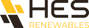 A company logo with four parallelograms and the words "HES Renewables." Some of the elements are in brown and some are in yellow.