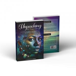 3D mockup of the front and back cover of Jonnice Cooke’s memoir Unpacking the Weight Within, featuring an illustrated portrait with a fractured glass effect
