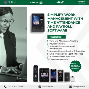 Virdi Nigeria Limited, a market leader in biometric devices in Nigeria, delivers advanced facial recognition and iris recognition terminals, including the UBio-X Pro, UBio-X Face, and UBio-X Iris, AC-2100+, and AC-5000 IK alongside robust employee management software, and automated payroll solutions for enterprises in Lagos, Abuja, Port Harcourt, Kano, and across Nigeria, Ecowas Biometric time attendance and payroll management system by Virdi Nigeria for efficient workforce tracking.