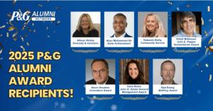 Graphic showing the seven recipients of the 2025 P&G Alumni Awards, including Aliyu Mohammed Ali (Early Achievement Award), Allison Kirkby (Diversity & Inclusion), Deborah Kielty (Community Service), Elliott Millenson (Humanitarian), Kevin Houston (Innova