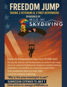 Veteran skydiving  MBR’s Freedom Jump on July 4th.