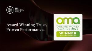 Award badge for "Best CFD Provider" at the 2025 Online Money Awards, recognising EBC’s excellence in client-focused CFD trading. – EBC