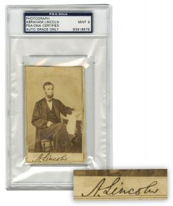 Lot 62 is a sepia-colored carte de visite of Lincoln, boldly signed by him as “A. Lincoln” and PSA/DNA slabbed and graded MINT 9, donated to an 1864 Illinois Union Army fundraising event. Estimate: $100,000-$150,000.