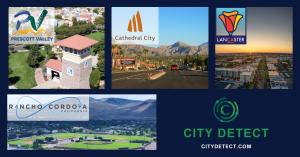 Collage of partner cities using City Detect AI, including Prescott Valley, Cathedral City, Lancaster, and Rancho Cordova, with city landmarks and the City Detect logo.