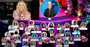 Singer Sophia Angelica performing during the Helen Keller Award virtual event with hosts and creators visible.