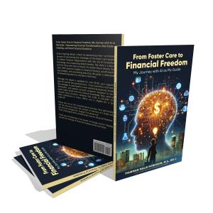 Book cover for “From Foster Care to Financial Freedom: My Journey with AI as My Guide” showing a silhouette with a glowing dollar sign and cityscape, symbolizing financial empowerment and transformation.