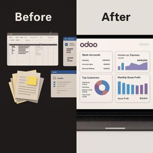 Split-screen image comparing outdated workflows using spreadsheets and emails on the left, with a streamlined Odoo ERP dashboard and live KPIs on the right.