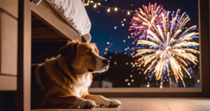 A beloved pet dog hides under bed during fireworks