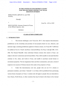 Cover page of the federal complaint filed by CALDA challenging Texas SB 17, Wang et al. v. Paxton, U.S. District Court for the Southern District of Texas.