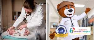 The International Board of Credentialing and Continuing Education Standards (IBCCES) renews the Mettu Children’s Hospital at Pikeville Medical Center’s (PMC) Certified Autism Center™ (CAC) designation A doctor gently examines a newborn in a hospital bassinet, alongside Mettu Children's Hospital's friendly bear mascot.
