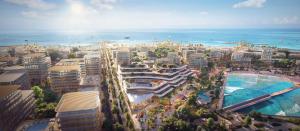 A lively view of Bahrain Surf Park – Club Hawaii Experience at Bilaj Al Jazayer in the Kingdom of Bahrain, showcasing artificial wave pools, surfers in action, and tropical-themed surroundings with palm trees and beachside lounging, evoking a Hawaiian esc