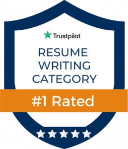 Trustpilot badge showing “1 Rated” in the Resume Writing Category, featuring a blue shield design with five white stars and the Trustpilot logo at the top.