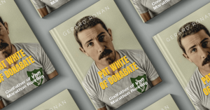Several copies of the book Pat White of Donabate by Gerard Ronan, featuring a sepia-toned portrait of a mustachioed man in a vintage running shirt, titled “Godfather of Irish Marathon Running.”