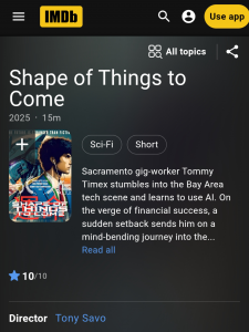A screen shot of the "Shape of Things to Come" film listing on IMDb