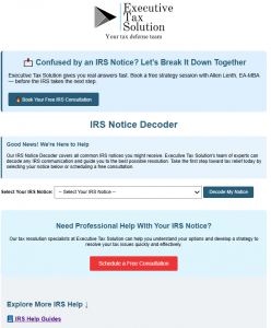 Screenshot of irsdecoder.com homepage showing IRS Notice Decoder tool with dropdown menu for selecting notice types, decode button, and consultation booking options