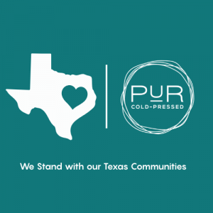 Bottles of PUR Cold Pressed Juice overlaid on a Texas state outline, symbolizing local flood relief support across Hill Country.