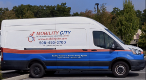 Photo of Mobility City Technicians arrive in branded vans equipped as a workshop on wheels for repairs and deliveries