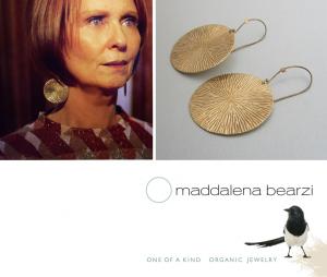 Maddalena Bearzi - Cynthia Nixon + earrings flat lay with MB logo