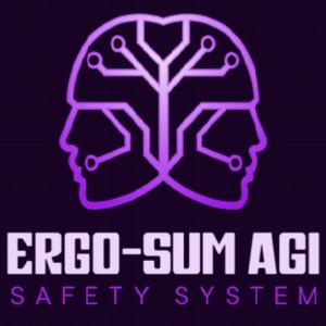 this logo depicts a double-faced head in profile with ciruitery in it with text saying "Ergo-Sum AGI Safety System"