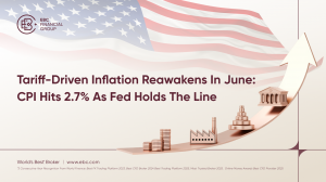 An upward arrow overlays a U.S. flag backdrop, rising past icons of coins, a factory, and a central bank building—illustrating the impact of tariffs on U.S. inflation, with CPI rising to 2.7% in June 2025 as the Fed maintains its policy stance - EBC