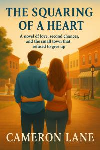 Book cover of Squaring of a Heart by Cameron Lane, featuring a warm, painterly small-town backdrop and subtle romantic tones that reflect the novel’s themes of second chances, community, and emotional healing.