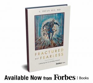 "Fractured but Fearless" by S. Irfan Ali, M.D. book cover and launch announcement