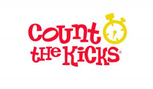 Red text reading "Count the Kicks" with a yellow stopwatch replacing the 'o' in "Count." Bright and playful design on a white background.