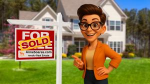 caricature woman pointing at a sold sign wiht cartoon house in background
