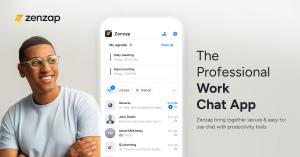 Zenzap work chat interface showing team conversation, task assignments, and shared files in a clean, organized interface.