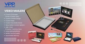 Custom video mailers by Video Plus Print featuring embedded LCD screens, printed packaging, and high-impact video marketing solutions.