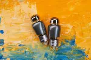 A pair of Ray Tubes RESERVE 6SN7 vacuum tubes against an artful yellow-and-blue background.