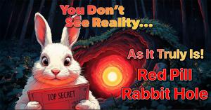 Image of a white rabbit reading a top secret document standing in front of a rabbit hole with the text you don't see reality as it truly is.