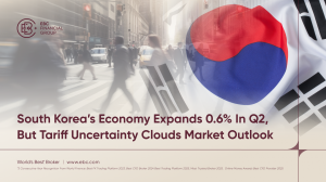 A stylised image of busy city pedestrians overlaid with the South Korean flag, highlighting the country's Q2 GDP growth of 0.6% amid trade policy uncertainty – EBC.