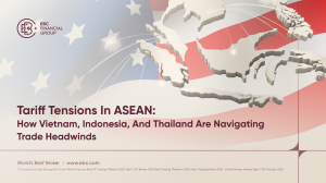 3D map of Southeast Asia overlaid on the U.S. flag, with light trade route lines connecting Vietnam, Indonesia, and Thailand to the United States - EBC.