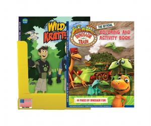 Retail display of Wild Kratts and Dinosaur Train coloring books; PBS KIDS series characters. 24 books.
