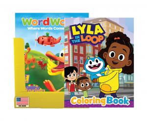 PBS KIDS series character display rackwith Lyla in the Loop and WorldWorld. 24 books.