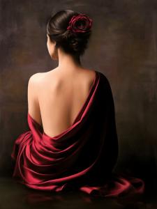 Exactly ten years ago, in the prestigious setting of the Royal Palace of Caserta, artist Ivan Pili held his first major solo exhibition, marking the beginning of a remarkable journey in the world of contemporary figurative art Painting "Impressions No.2" by Ivan Pili, depicting a female figure with a red rose and draped fabric, symbolizing elegance and introspection.
